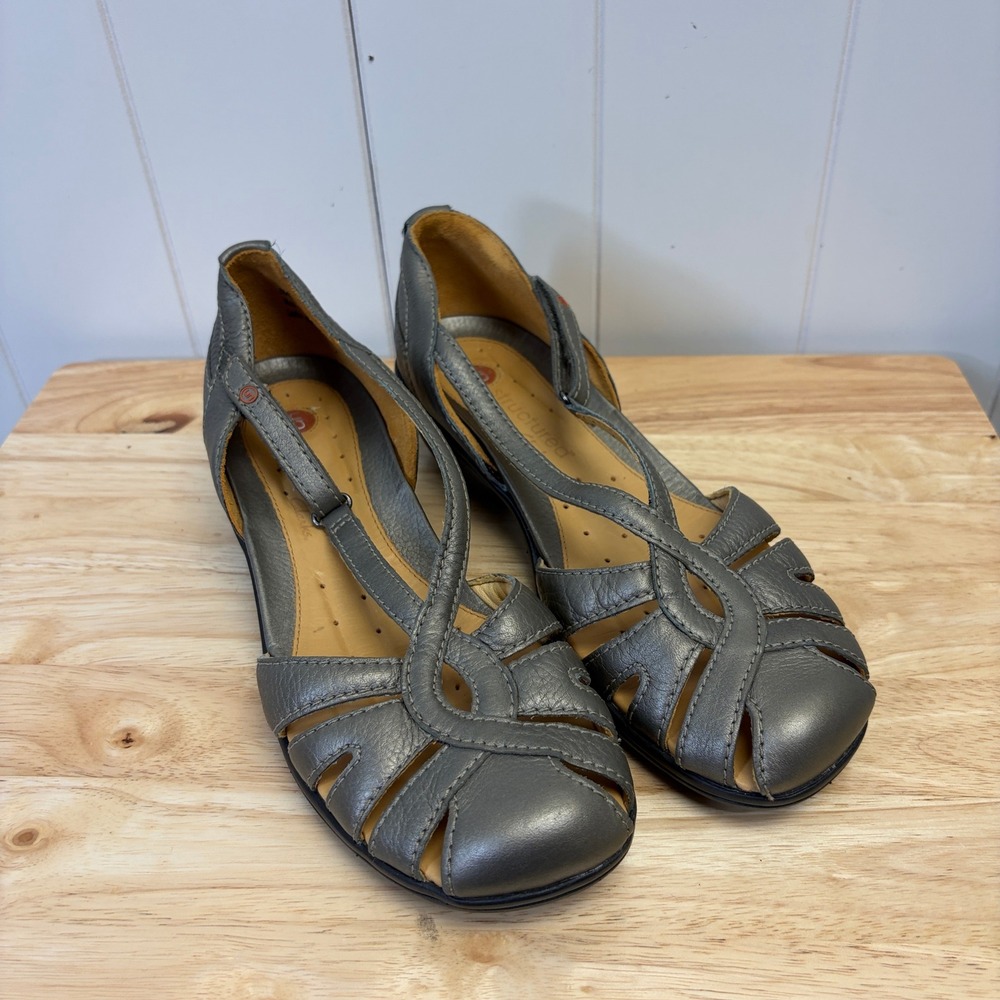 Clarks Unstructured Y2K Fishermen Leather Sandals Women Size 10M Pewter Comfort
